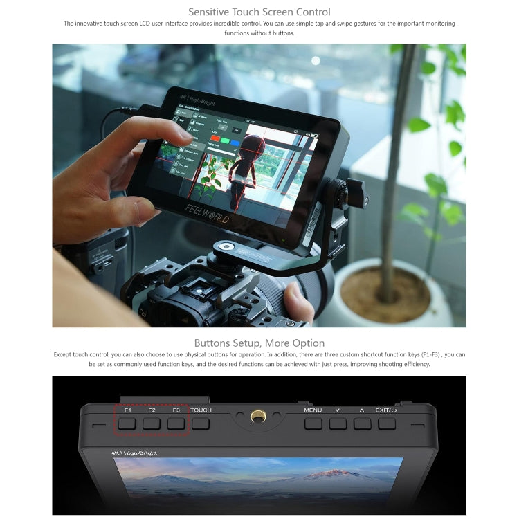 FEELWORLD F5 ProX 5.5 inch 1600nit High Bright Touch Screen DSLR Camera Field Monitor 4K HDMI F970 Install and Power Kit(Black) - free shipping - PMC TechLife - Order now!