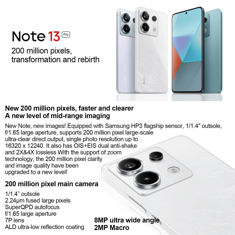 Xiaomi Redmi Note 13 Pro 5G, 8GB+256GB,  6.67 inch MIUI 14 Snapdragon 7s Gen 2 Octa Core 4nm up to 2.4GHz, NFC, Network: 5G(White) - free shipping - PMC TechLife - Order now!