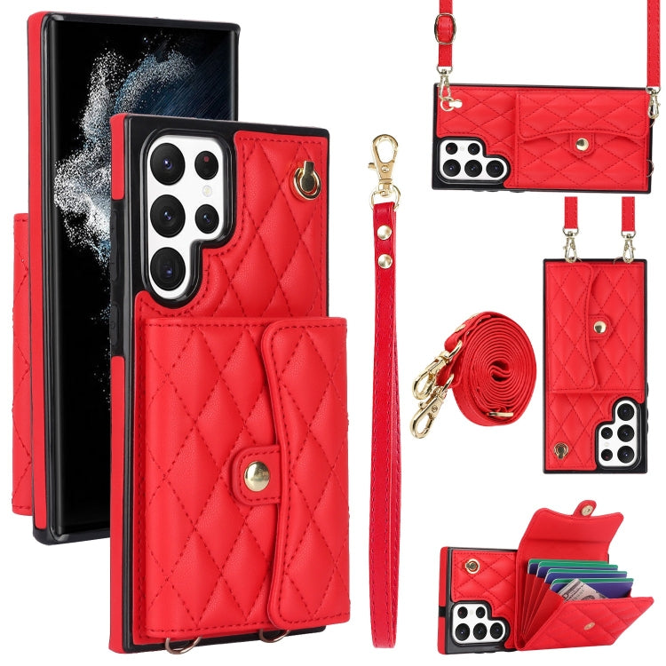 For Samsung Galaxy S22 Ultra 5G Crossbody Rhombic Horizontal Wallet Leather Phone Case(Red) - Galaxy S22 Ultra 5G Cases by PMC TechLife | Online Shopping South Africa | PMC TechLife | Buy Now Pay Later Mobicred