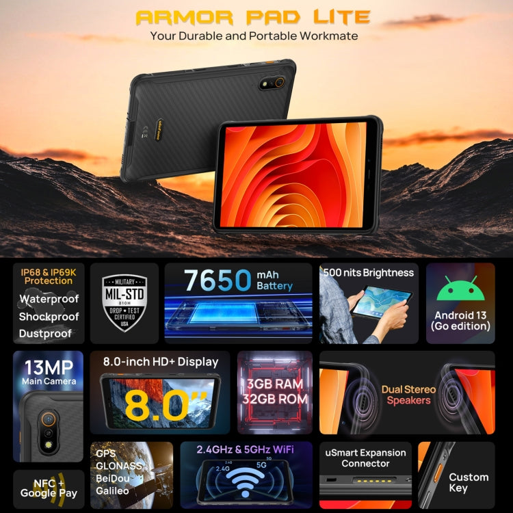 [HK Warehouse] Ulefone Armor Pad Lite Rugged Tablet PC, 3GB+32GB, 8.0 inch Android 13 MediaTek MT8766 Quad Core(Black) - Other by Ulefone | Online Shopping South Africa | PMC Jewellery