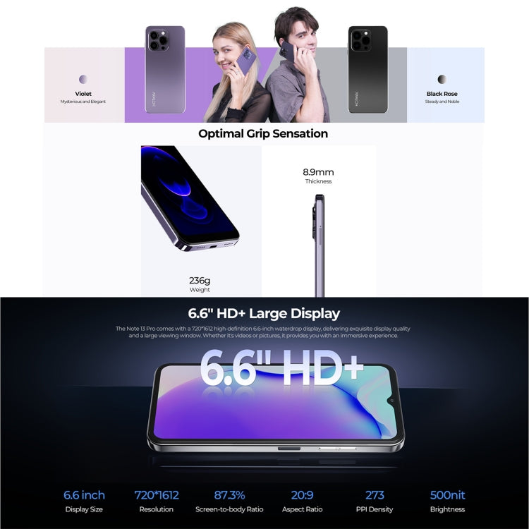 HOTWAV Note 13 Pro, 8GB+256GB, Side Fingerprint Identification, 6.6 inch Android 13 UMS9230 T606 Octa Core up to 1.6GHz, Network: 4G, NFC, OTG(Black) - free shipping - PMC TechLife - Order now!