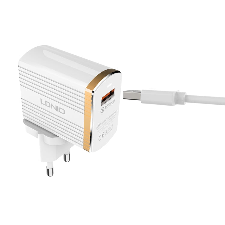 LDNIO A1302Q 2 in 1 18W QC3.0 USB Interface Grid Shape Travel Charger Mobile Phone Charger with 8 Pin Data Cable, EU Plug - free shipping - PMC TechLife - Order now!