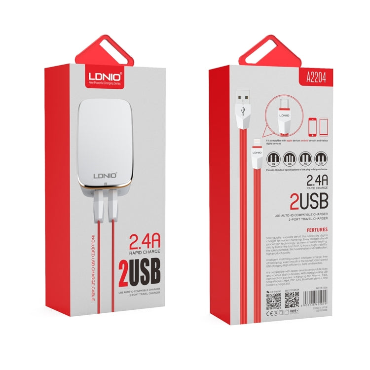 LDNIO A2204 2 in 1 12W Dual USB Interface Travel Charger Mobile Phone Charger with 8 Pin Data Cable, EU Plug - free shipping - PMC TechLife - Order now!