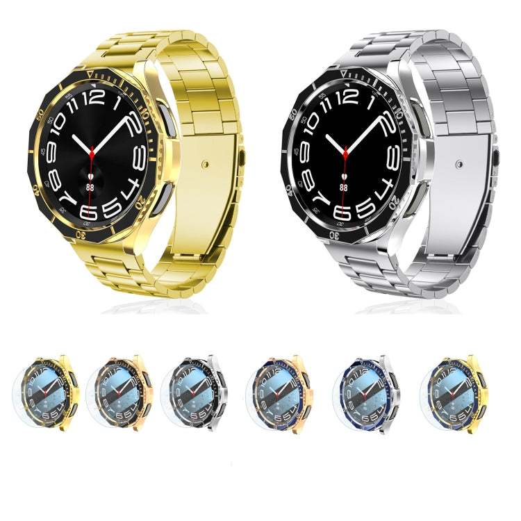 For Samsung Galaxy Watch6 Classic 47mm R960 Electroplate PC Case + Tempered Film + Watch Bezel Ring Set(Blue+Gold) - Watch Cases by PMC TechLife | Online Shopping South Africa | PMC TechLife