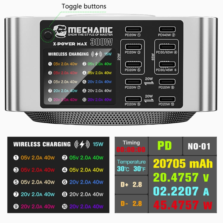 Mechanic X-Power Series Multiport Digital Display USB Charger Station with Wireless Charging, Total Power:200W(US Plug) - free shipping - PMC TechLife - Order now!