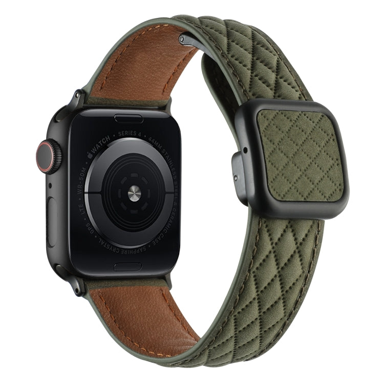 For Apple Watch SE 2022 40mm Rhombus Pattern Magnetic Square Buckle Leather Watch Band(Army Green) - free shipping - PMC TechLife - Order now!