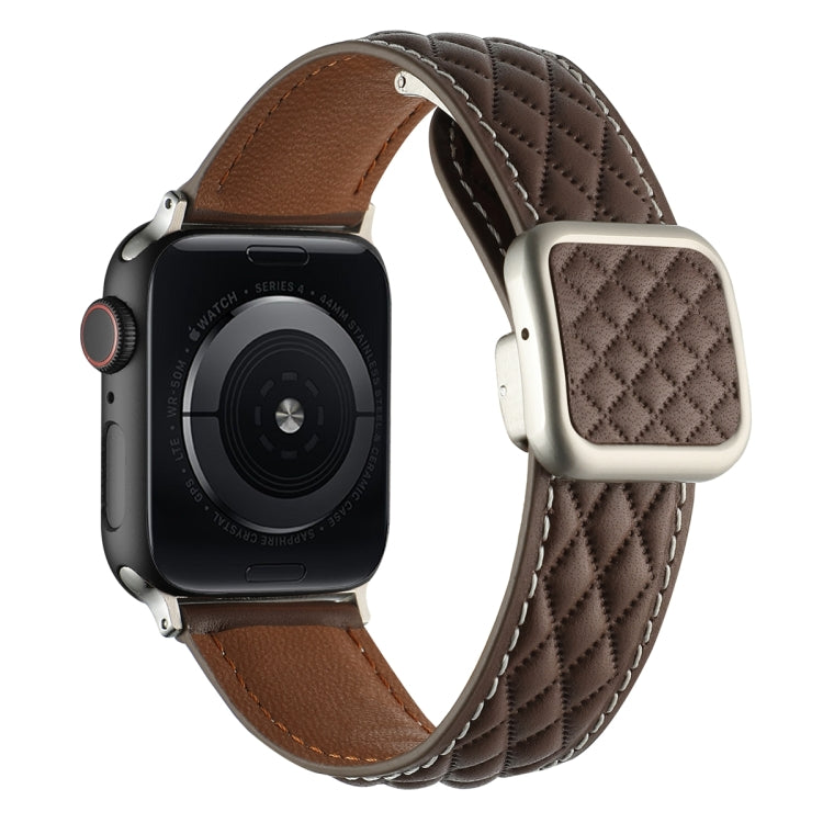 For Apple Watch Series 7 45mm Rhombus Pattern Magnetic Square Buckle Leather Watch Band(Dark Coffee) - free shipping - PMC TechLife - Order now!