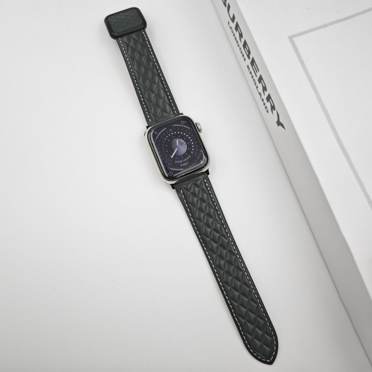 For Apple Watch Series 3 38mm Rhombus Pattern Magnetic Square Buckle Leather Watch Band(Dark Green) - free shipping - PMC TechLife - Order now!