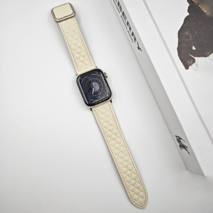 For Apple Watch Series 3 42mm Rhombus Pattern Magnetic Square Buckle Leather Watch Band(Creamy White) - free shipping - PMC TechLife - Order now!