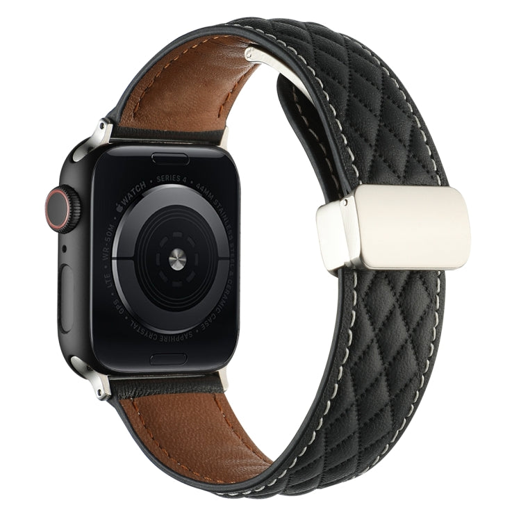 For Apple Watch Ultra 2 49mm Rhombus Pattern Magnetic Folding Buckle Leather Watch Band(Black) - free shipping - PMC TechLife - Order now!
