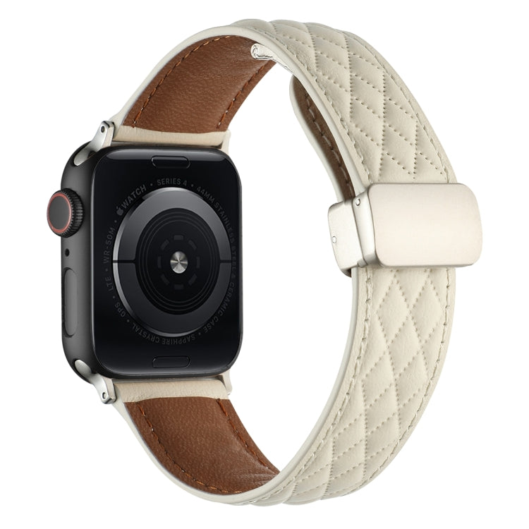 For Apple Watch Ultra 49mm Rhombus Pattern Magnetic Folding Buckle Leather Watch Band(Creamy White) - free shipping - PMC TechLife - Order now!
