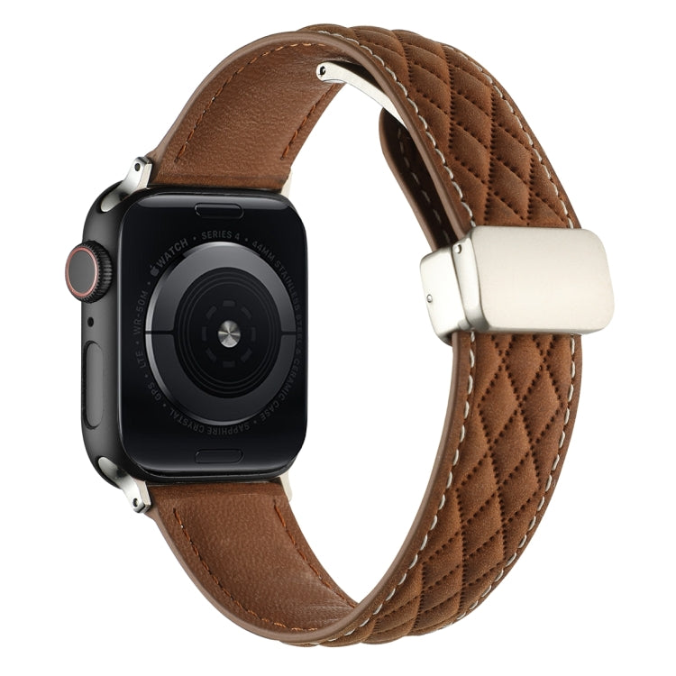 For Apple Watch Series 5 40mm Rhombus Pattern Magnetic Folding Buckle Leather Watch Band(Dark Brown) - Watch Bands by PMC TechLife | Online Shopping South Africa | PMC TechLife | Buy Now Pay Later Mobicred