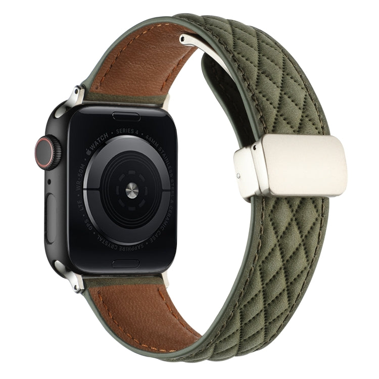 For Apple Watch Series 3 38mm Rhombus Pattern Magnetic Folding Buckle Leather Watch Band(Army Green) - free shipping - PMC TechLife - Order now!
