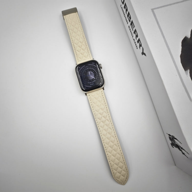 For Apple Watch Series 3 38mm Rhombus Pattern Magnetic Folding Buckle Leather Watch Band(Creamy White) - free shipping - PMC TechLife - Order now!