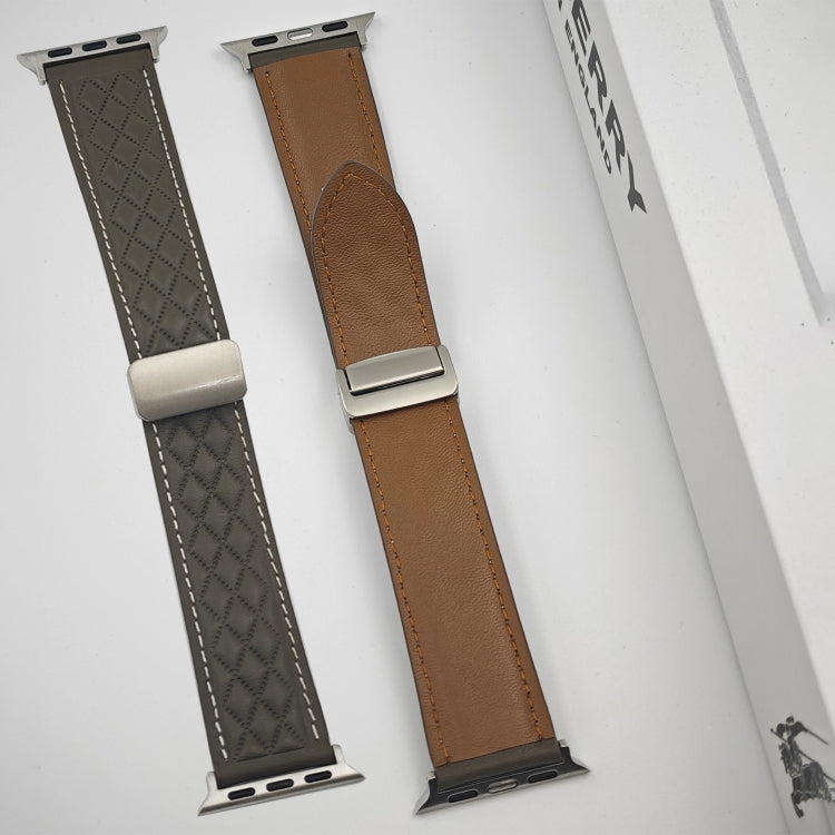 For Apple Watch Ultra 49mm Rhombus Pattern Magnetic Folding Buckle Leather Watch Band(Brown) - free shipping - PMC TechLife - Order now!