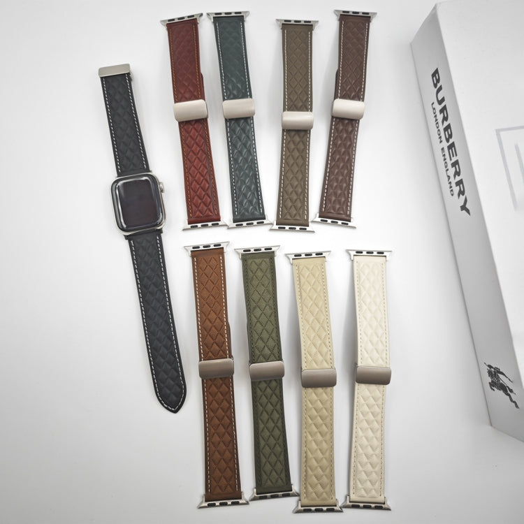 For Apple Watch Series 7 41mm Rhombus Pattern Magnetic Folding Buckle Leather Watch Band(Brown) - Watch Bands by PMC TechLife | Online Shopping South Africa | PMC TechLife | Buy Now Pay Later Mobicred