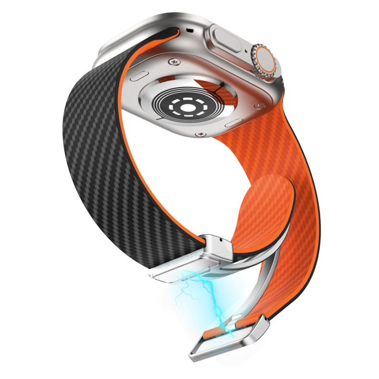 For Apple Watch SE 2023 44mm Carbon Fiber Magnetic Silver Buckle Watch Band(Black Orange) - free shipping - PMC TechLife - Order now!