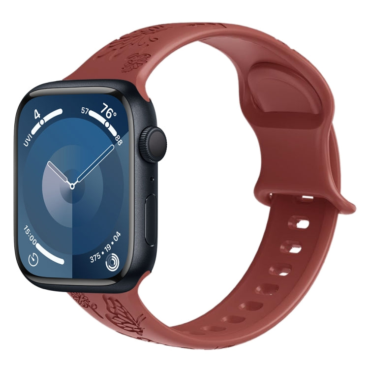 For Apple Watch SE 44mm Butterfly Flower Embossed Silicone Watch Band(Brick Red) - Watch Bands by PMC TechLife | Online Shopping South Africa | PMC TechLife