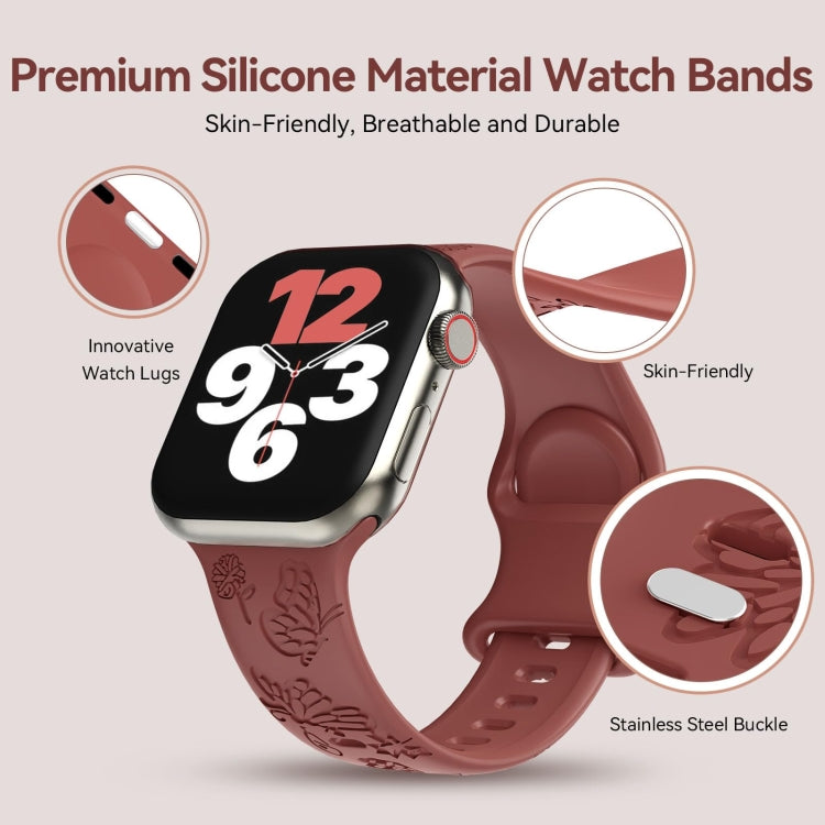 For Apple Watch SE 44mm Butterfly Flower Embossed Silicone Watch Band(Brick Red) - Watch Bands by PMC TechLife | Online Shopping South Africa | PMC TechLife