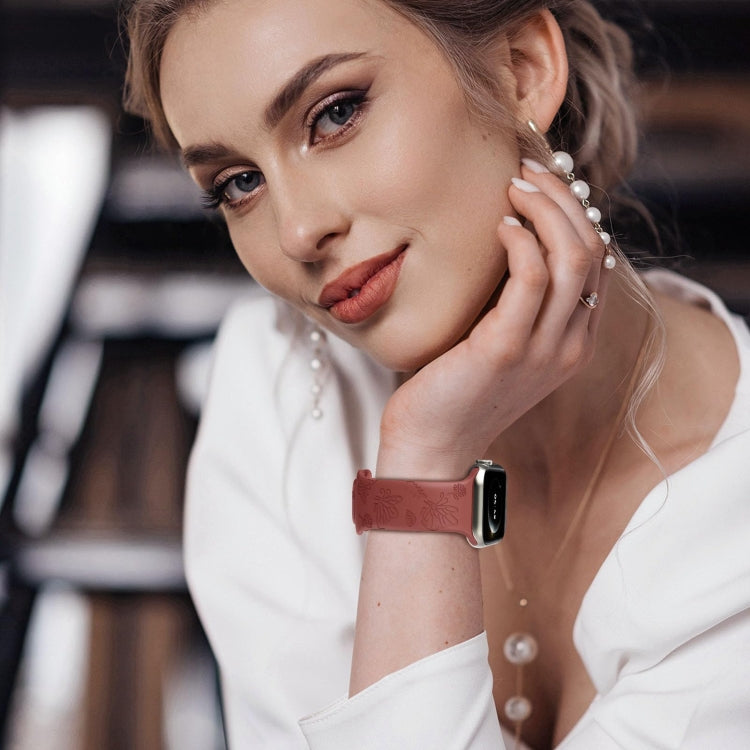For Apple Watch SE 44mm Butterfly Flower Embossed Silicone Watch Band(Brick Red) - Watch Bands by PMC TechLife | Online Shopping South Africa | PMC TechLife