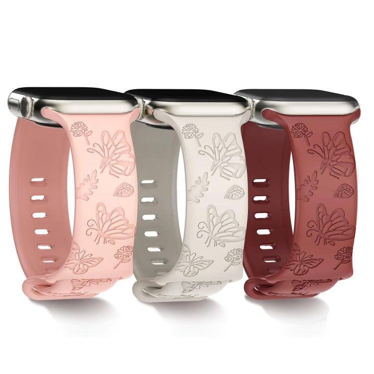 For Apple Watch SE 44mm Butterfly Flower Embossed Silicone Watch Band(Brick Red) - Watch Bands by PMC TechLife | Online Shopping South Africa | PMC TechLife