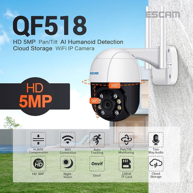 ESCAM QF518 5MP Smart WiFi IP Camera, Support AI Humanoid Detection / Auto Tracking / Dual Light Night Vision / Cloud Storage / Two Way Audio / TF Card, Plug:UK Plug(White) - free shipping - PMC TechLife - Order now!
