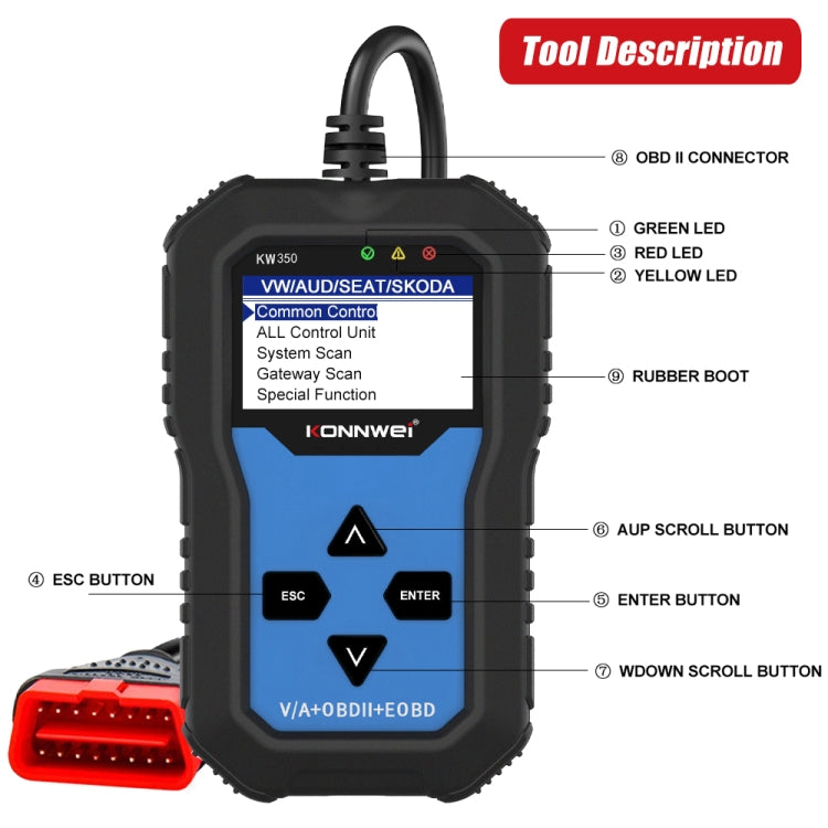 KONNWEI KW350 OBDII 12V Car Diagnostics Detector Scanner with 2 inch Black And White Display Screen V007 for Audi / Volkswagen - free shipping - PMC TechLife - Order now!