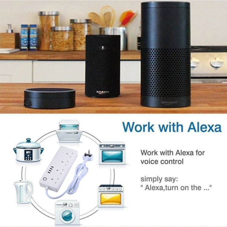 4 x USB Ports + 4 x UK Plug Jack 13A Max Output WiFi Remote Control Smart Power Socket Works with Alexa & Google Home, AC 100-240V, UK Plug - Smart Socket by PMC TechLife | Online Shopping South Africa | PMC TechLife