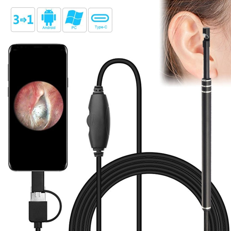 i96 3 in 1 USB Ear Scope Inspection HD 0.3MP Camera Visual Ear Spoon for OTG Android Phones & PC & MacBook, 1.85m Length Cable(Black) - Ear Care Tools by PMC Jewellery | Online Shopping South Africa | PMC Jewellery