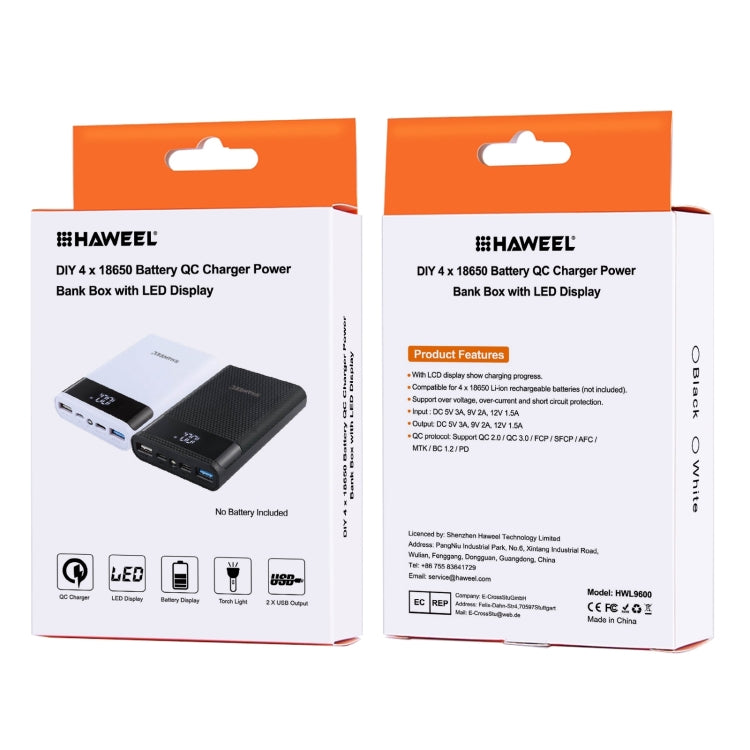 HAWEEL DIY 4x 18650 Battery (Not Included) 12000mAh Dual-way QC Charger Power Bank Shell Box with 2x USB Output & Display,  Support QC 2.0 / QC 3.0 / FCP / SFCP /  AFC / MTK / BC 1.2 / PD(Black) - Power Bank Box by HAWEEL | Online Shopping South Africa | PMC TechLife | Buy Now Pay Later Mobicred