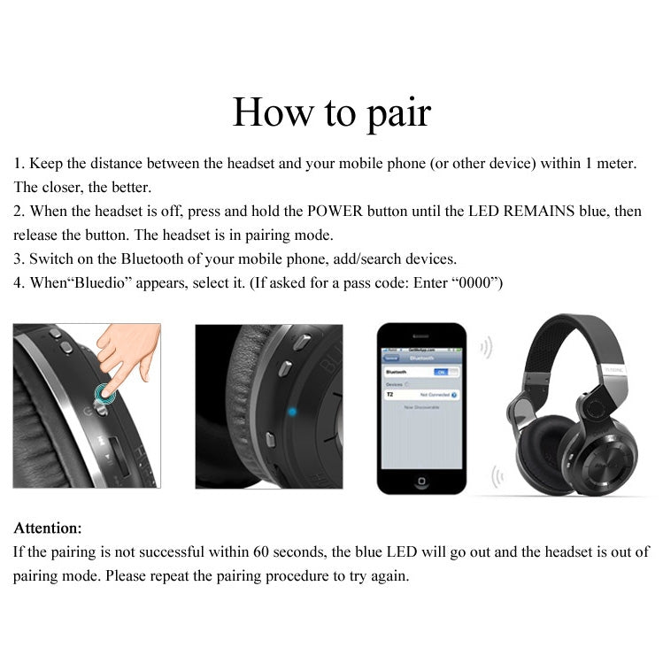 Bluedio T2+ Turbine Wireless Bluetooth 4.1 Stereo Headphones Headset with Mic & Micro SD Card Slot & FM Radio, For iPhone, Samsung, Huawei, Xiaomi, HTC and Other Smartphones, All Audio Devices(Black) - free shipping - PMC TechLife - Order now!