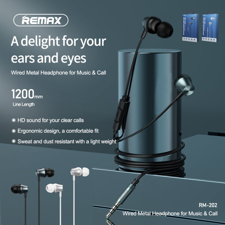 REMAX RM-202 In-Ear Stereo Metal Music Earphone with Wire Control + MIC, Support Hands-free(Silver) - Normal Style Earphone by REMAX | Online Shopping South Africa | PMC Jewellery