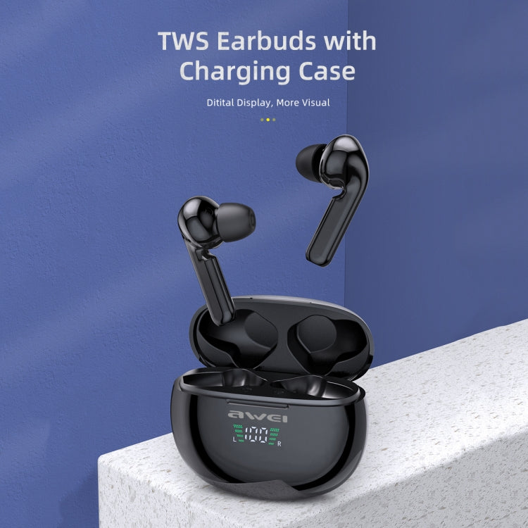 awei T15P Bluetooth V5.0 TWS Ture Wireless Sports LED Display Headset with Charging Case(Black) - TWS Earphone by awei | Online Shopping South Africa | PMC Jewellery