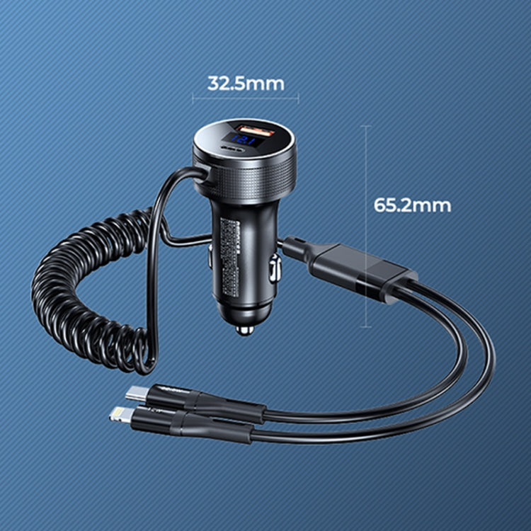 REMAX RCC336 Saga Series 2 in 1 Car 52.5W PD Fast Charger with USB-C / Type- C + 8 Pin Spring Cable, ZA