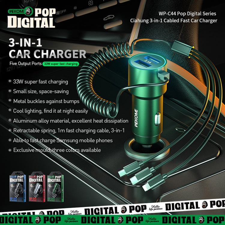 WK WP-C44 Pop Digital Series Ciahung 3-in-1 Cabled 33W Dual-USB Fast Car Charger (Silver) - Car Charger by WK | Online Shopping South Africa | PMC TechLife | Buy Now Pay Later Mobicred
