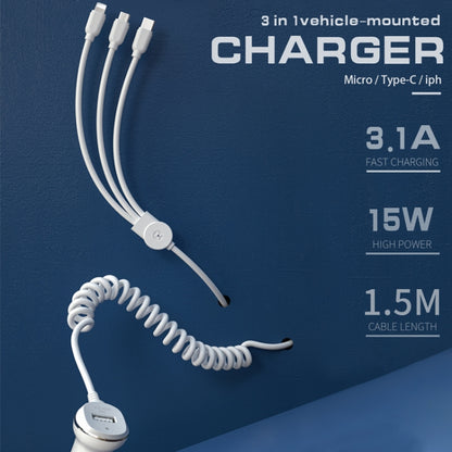 WK WP-C24 3.1A Explore The 3-in-1 Free Edition 8 Pin / Micro USB / USB-C / Type-C Data Cable + USB Car Charger (White) - Car Charger by WK | Online Shopping South Africa | PMC Jewellery