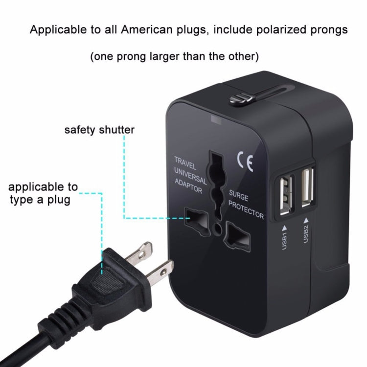 Portable Multi-function Dual USB Ports Global Universal Travel Wall Charger Power Socket, For iPad , iPhone, Galaxy, Huawei, Xiaomi, LG, HTC and Other Smart Phones, Rechargeable Devices(Black) - free shipping - PMC TechLife - Order now!