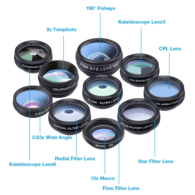 APEXEL APL-DG10 Macro Wide-angle Fisheye Telephoto CPL Flow Filter Radial Filter Star Filter Kaleidoscope 3 & 6 Lens Kit, For iPhone, Samsung, Huawei, Xiaomi, HTC and Other Smartphones, Ultra-thin Digital Camera - Combination Lens by APEXEL | Online Shopping South Africa | PMC Jewellery