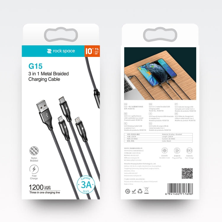 ROCK G18 Flash Charge Series 3 in 1 Data Cable USB to 8PIN + USB-C / Type-C + Micro USB Charging Cable, Cable Length: 120cm - Multifunction Cable by ROCK | Online Shopping South Africa | PMC Jewellery