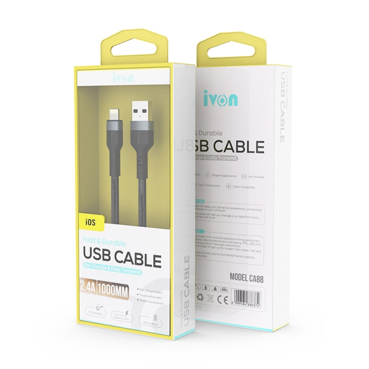 IVON CA88 12W 2.4A USB to 8 Pin Nylon Braid Fast Charge Data Cable, Cable Length: 1m (Black) - Normal Style Cable by IVON | Online Shopping South Africa | PMC Jewellery