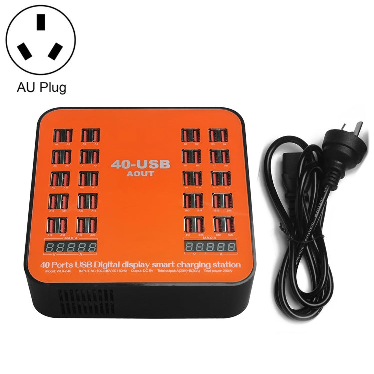 WLX-840 200W 40 Ports USB Digital Display Smart Charging Station AC100-240V, AU Plug (Black+Orange) - Multifunction Charger by PMC TechLife | Online Shopping South Africa | PMC TechLife | Buy Now Pay Later Mobicred