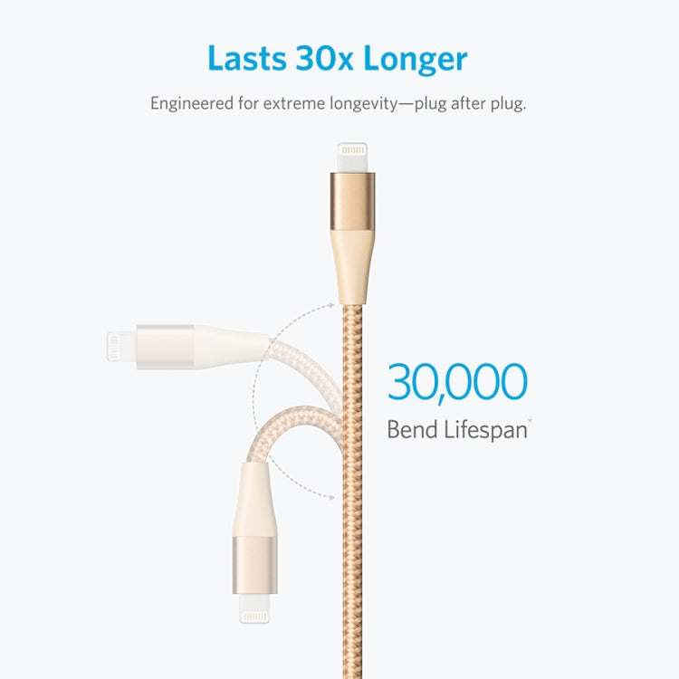 ANKER A8452 Powerline+ II USB to 8 Pin Apple MFI Certificated Nylon Pullable Carts Charging Data Cable, Length: 0.9m(Gold) - MFI Cable by ANKER | Online Shopping South Africa | PMC Jewellery