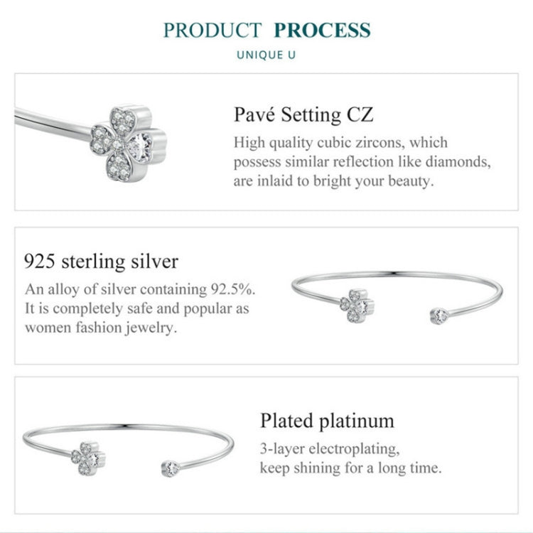 BSB134 Sterling Silver S925 Plated Platinum Zircon Four-leaf Clover Open Bracelet Hand Decoration - Bracelets by PMC Jewellery | Online Shopping South Africa | PMC Jewellery