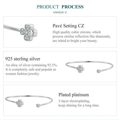 BSB134 Sterling Silver S925 Plated Platinum Zircon Four-leaf Clover Open Bracelet Hand Decoration - Bracelets by PMC Jewellery | Online Shopping South Africa | PMC Jewellery