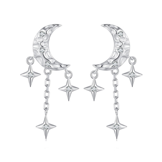 BSE858 Sterling Silver S925 White Gold Plated Zircon Moon Tassel Stud Earrings - Stud Earrings & Earrings by PMC Jewellery | Online Shopping South Africa | PMC Jewellery