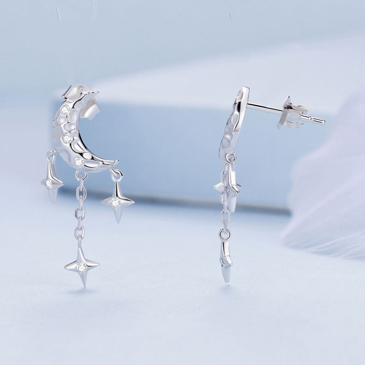 BSE858 Sterling Silver S925 White Gold Plated Zircon Moon Tassel Stud Earrings - Stud Earrings & Earrings by PMC Jewellery | Online Shopping South Africa | PMC Jewellery