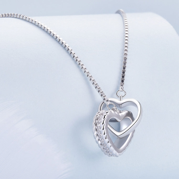 BSN339 Sterling Silver S925 White Gold Plated Zircon Dual Ring Heart Interlocking Necklace - Necklaces & Pendants by PMC Jewellery | Online Shopping South Africa | PMC Jewellery