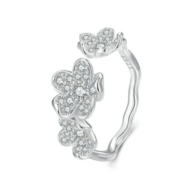 BSR447 Sterling Silver S925 Plated White Gold Fully Paved Zircon Flower Open Adjustable Ring - Rings by PMC Jewellery | Online Shopping South Africa | PMC Jewellery