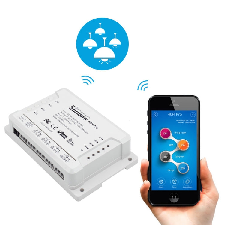 Sonoff  4CH Pro 433MHz Remote Control + WiFi Smart Timer Switch,  Interlock / Self-locking, 3 Working Modes, Compatible with Alexa and Google Home, Support iOS and Android - free shipping - PMC TechLife - Order now!