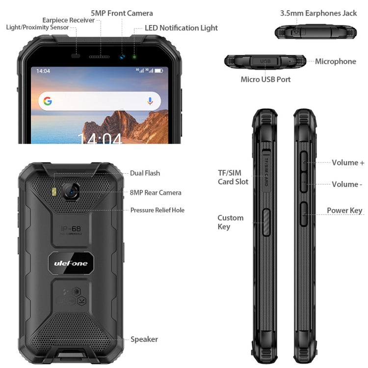 [HK Warehouse] Ulefone Armor X6 Rugged Phone, 2GB+16GB, IP68/IP69K Waterproof Dustproof Shockproof, Face Identification, 4000mAh Battery, 5.0 inch Android 9.0 MTK6580A/W Quad Core up to 1.3GHz, Network: 3G(Black) - Ulefone by Ulefone | Online Shopping South Africa | PMC Jewellery